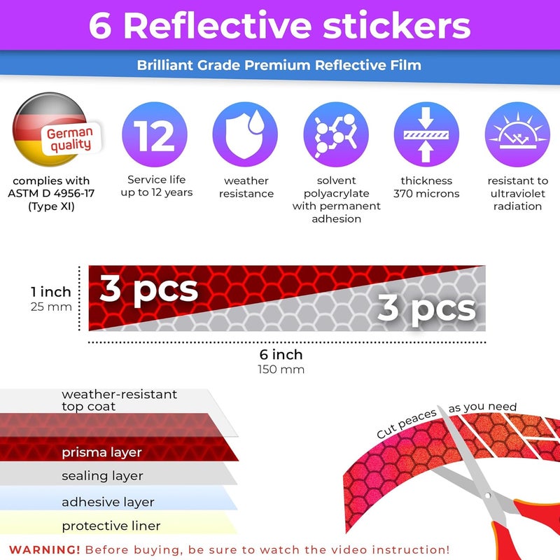 Loom Reflective Stickers for Helmet | 6pcs Brilliant Gry-red | Similar to 3M Reflective Tape | Bike Reflectors for Night Riding, Mailbox reflectors | Waterproof hi vis Decals for Car, Trailer - Image 3